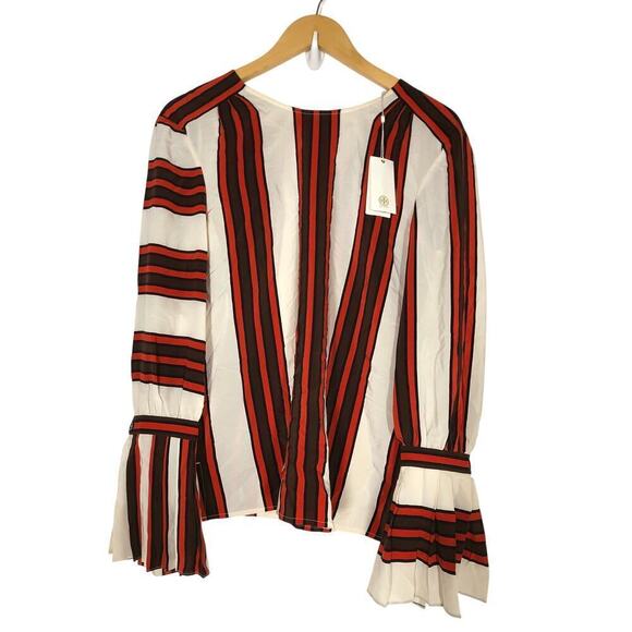 Tory Burch Maverick Top 100% Silk Flare Sleeve Striped Ivory Red NWT 0 - Picture 6 of 12